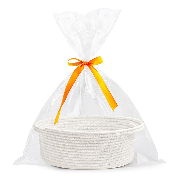 Pro Goleem Small Woven Basket with Gift Bags and Ribbons Durable Baskets for Christmas Gifts Empty Small Rope Basket for Storage 12"X 8" X 5" Baby Toy Baskets with Handles, White