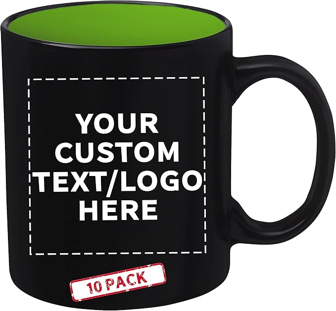 DISCOUNT PROMOS 10 Matte Two-Tone Coffee Mugs Set, 11 oz. - Customizable Text, Logo - Stoneware, Drinkware, Durable, C-handle - Lime Green