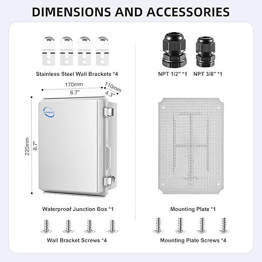 Waterproof Outdoor IP67 Junction Box (8.7"x6.7"x4.3") with Mounting Plate, Hinged Grey Cover and Wall Brackets - Weatherproof ABS Plastic Electrical Enclosure for DIY Projects (220x170x110mm)