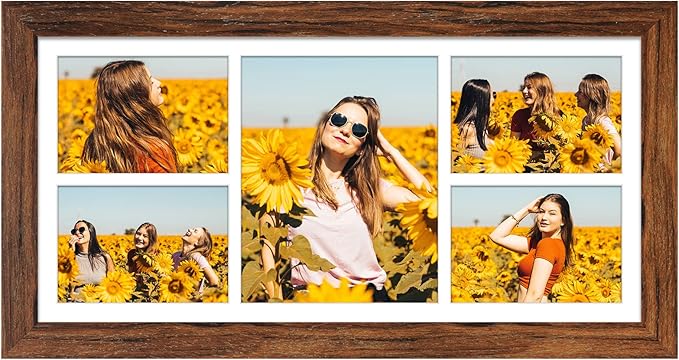 11x23 Picture Frame Display 5 opening 5x7 and 8x10 Picture Frame Collage,Multi Photo Frame with Mat,Plexiglass,Horizontal and Vertical Formats for Wall Decor,Carbonized Brown Wood Grain