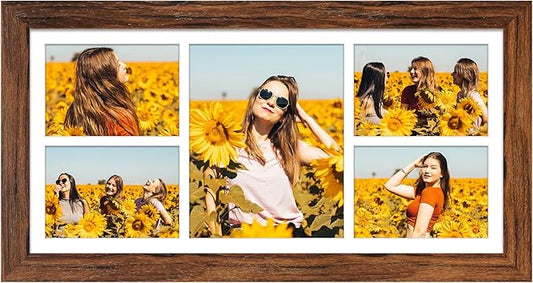 11x23 Picture Frame Display 5 opening 5x7 and 8x10 Picture Frame Collage,Multi Photo Frame with Mat,Plexiglass,Horizontal and Vertical Formats for Wall Decor,Carbonized Brown Wood Grain