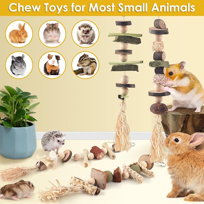 DBNESS 4 Pcs Bunny Chew Toys for Teeth, Hanging Rabbit Chewing Toy Treats with Timothy Grass & Natural Apple Wood, Improve Small Rodent Dental Health for Guinea Pig Hamster Chinchilla Rat Gerbil