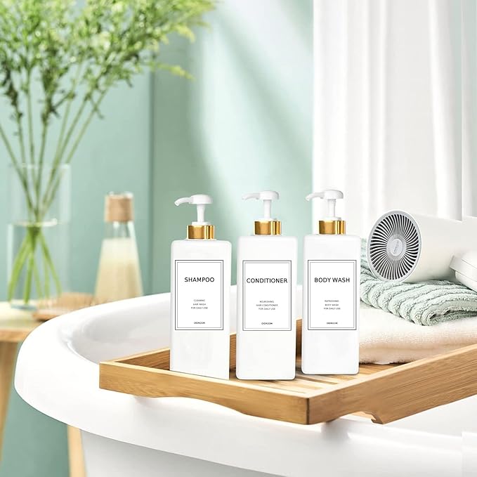 Modern Gold Shampoo and Conditioner Dispenser (21 oz, Pack of 3) Refillable Pump Bottle Set Empty Shower Plastic Bottles with Pump for Bathroom Body Wash Soap and Shower, 3 Types Waterproof Labels