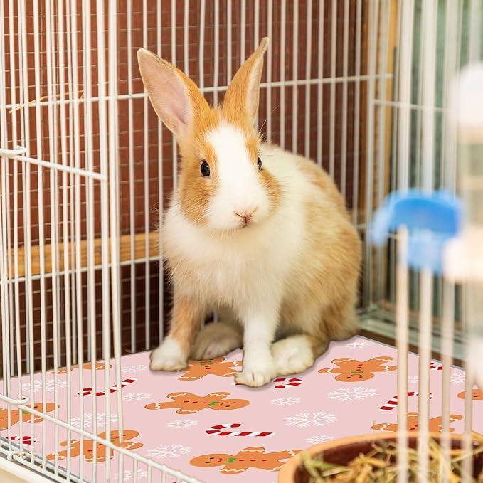 JarThenaAMCS 3 Pcs Christmas Guinea Pig Pee Pads Reusable Bunny Squirrel Mat Pink Candy Cane Gingerbread Man Washable Small Animal Cage Liner for Hamster Chinchilla Ferret Accessory, 24 x 47 in