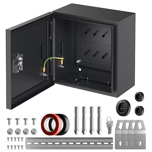 Joinfworld Outdoor Electrical Box 9.8" x 9.8" x 5.9" Weatherproof Electrical Junction Enclosure with Lock Din Rail Cable Gland