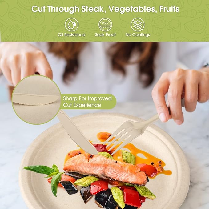 Fuyit 250Pcs Disposable Paper Plates Set with Cutlery, Compostable Biodegradable Eco-Friendly Dinnerware & Utensil Include Plate, Larger Fork, Knife & Spoon for Party, Camping, Picnic, BBQ (Natural)