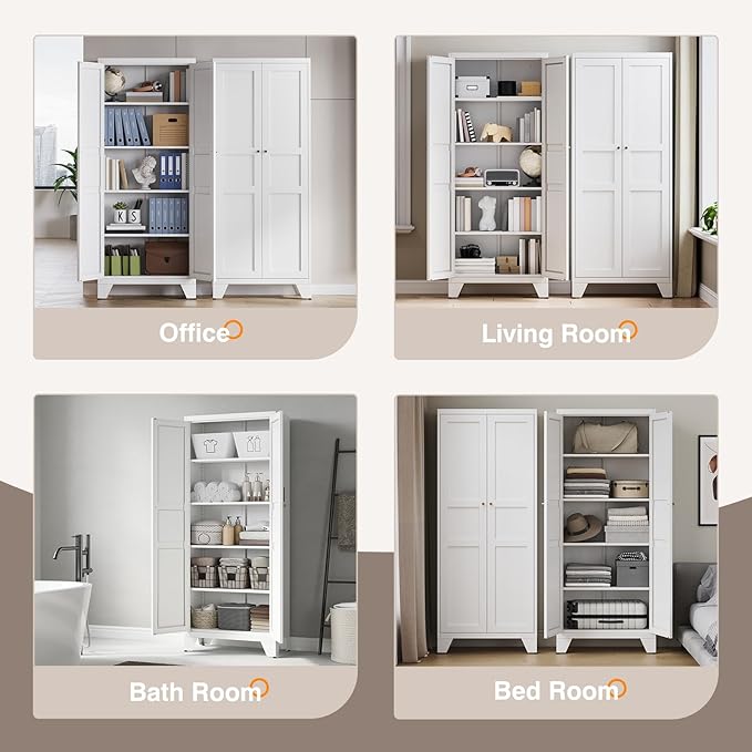 Yizosh Metal Storage Cabinet with 2 Doors and 4 Adjustable Shelves - 71" White Kitchen Pantry Storage 4-Tier Tall Steel Cabinets Locker for Kitchen, Living Room, Dining Room