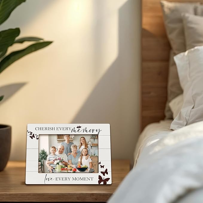 Family Photo Frame, Housewarming Gifts for Family Mom, Long Distance Wooden Photo Frames, Cherish Every Memory and Love Every Moment Decorative Picture Photo Frame for Desk Table 4X6 Photos