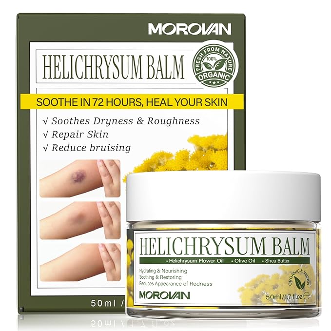 Morovan Helichrysum Balm 1.7 oz: Multi-Purpose Skin Cream for Bruises, Veins, Burns & Redness from Activity & Aging, Promotes Healing & Circulation for Men & Women