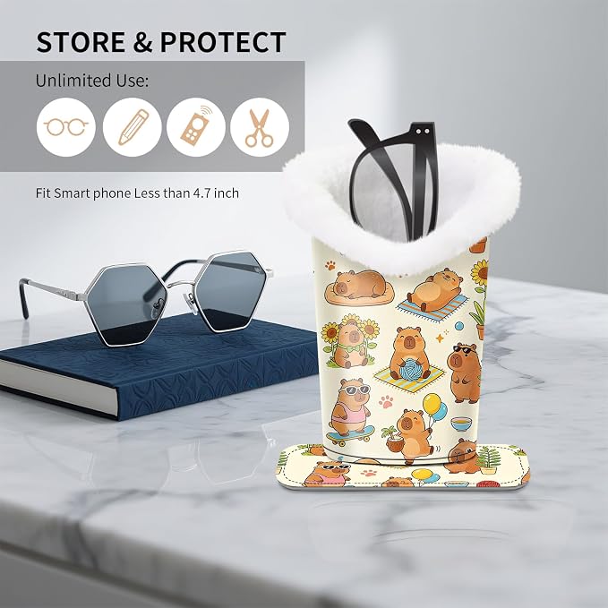 Plush Lined Eyeglasses Holder, Cute Magnetic PU Leather Glasses Stand Case for Women Men Kids