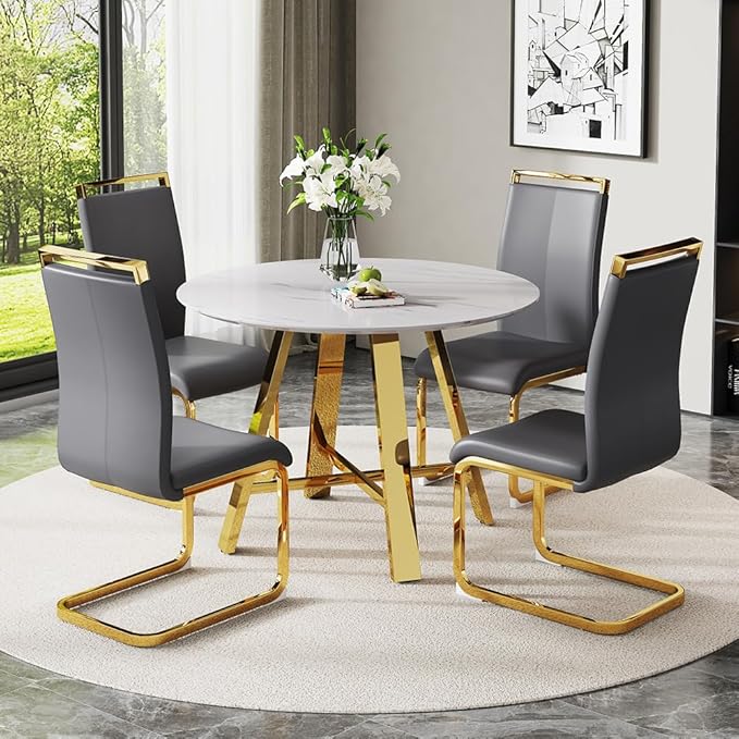 Modern Marble Round Dining Table & Upholstered High Back PU Leather Chairs - 42" Faux Marble Dining Room Set for Kitchen, Office, Cafe & Small Spaces