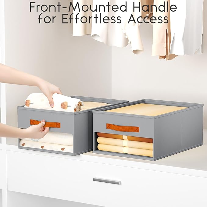 Drawer Organizers and Storage - 10 Pack Foldable Pants Organizer with Clear Window & Handles, Fabric Closet Organizer for Clothes, Jeans, Sweaters, Towels, T-shirt, Scarf (Grey)