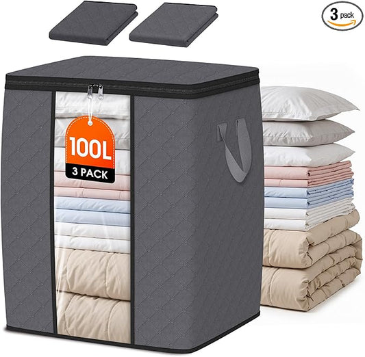 SpaceWhisper 3 Pack 100L Clothes Storage, Foldable Thick Fabric Blanket Storage Bags, Containers for Organizing Bedroom, Closet, Clothing, Comforter,Closet Organization with Handle,Grey