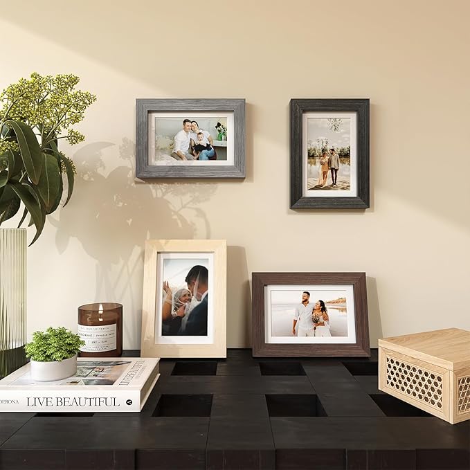 Egofine 4x6 Picture Frame Set of 4, Made of Solid Wood Multicolor Photo Frames Covered by Plexiglass 3.5x5 with Mat or 4x6 without Mat, for Table Top Display and Wall Mounting
