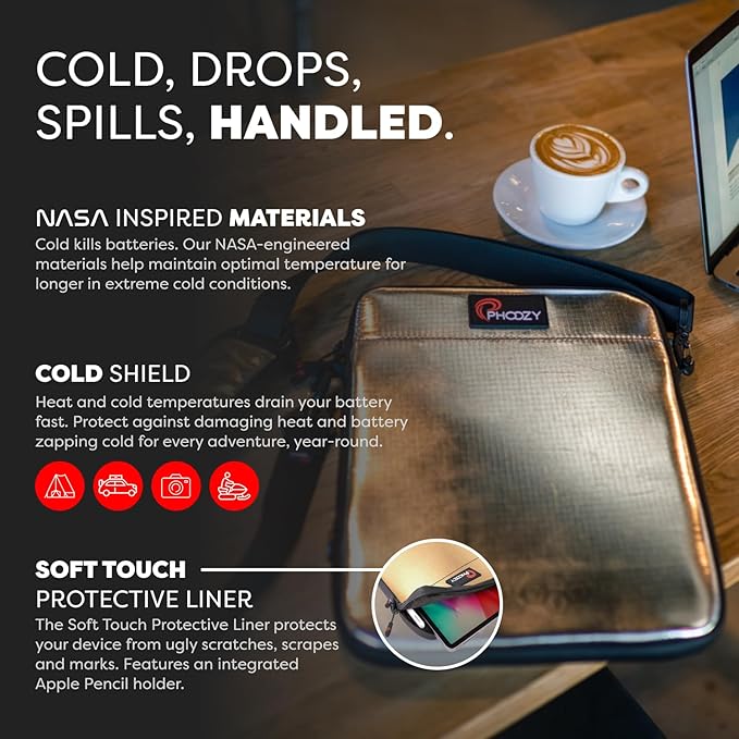 PHOOZY Insulated Thermal Sleeve for Laptops, iPads, MacBooks & Similar Sized Tablets or Laptops up to 11" - Patented NASA Thermal Technology Extends Battery Life in The Cold (Gold)