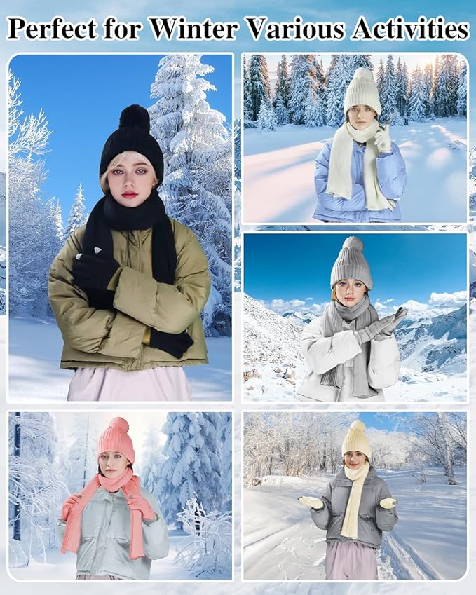 Winter Beanie Hat Scarf Gloves Set for Women, Fleece Knit Pompom Beanie Neck Warmer Long Scarf Touchscreen Gloves 3 in 1 Set