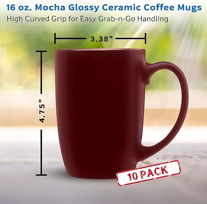 DISCOUNT PROMOS 10 Large Mocha Glossy Ceramic Coffee Mugs Set, 16 oz. - Stoneware, Smooth, Durable, C-handle - Maroon