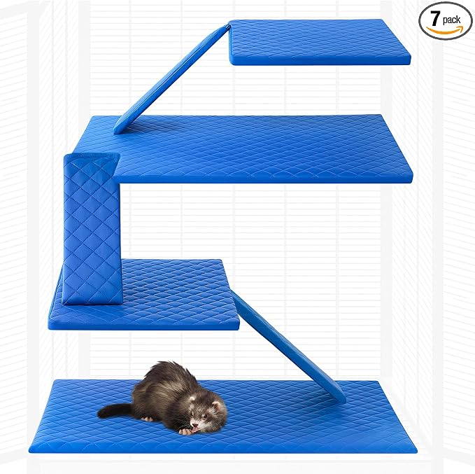 Beeveer 7 Pcs Ferret Cage Liner Washable Ferret Pads Bedding Cage Accessories Kit for Small Animals Hamster Rats Chinchillas Hedgehogs Guinea,Stain-Resistant Material (Double Unit Set,Blue)