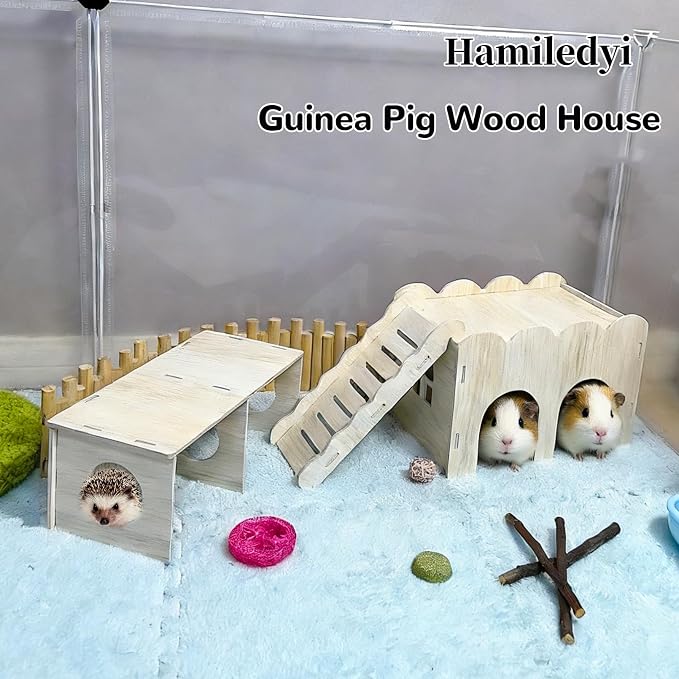 2 PCS Wooden Hamster Hideout Multi-Chamber Tunnel Hamster House Hiding Maze Platform Stuff Exploring Toy Cage Accessories for Gerbil Rat Mice