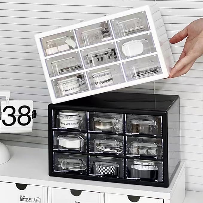 Feadily 1PCS Large Drawer Organizer for Desk, Desktop Drawer Organizer with 9 Clear Drawers, Plastic Desktop Storage Drawers 10.04 Inch x 6.30 Inch x 6.10 Inch, White