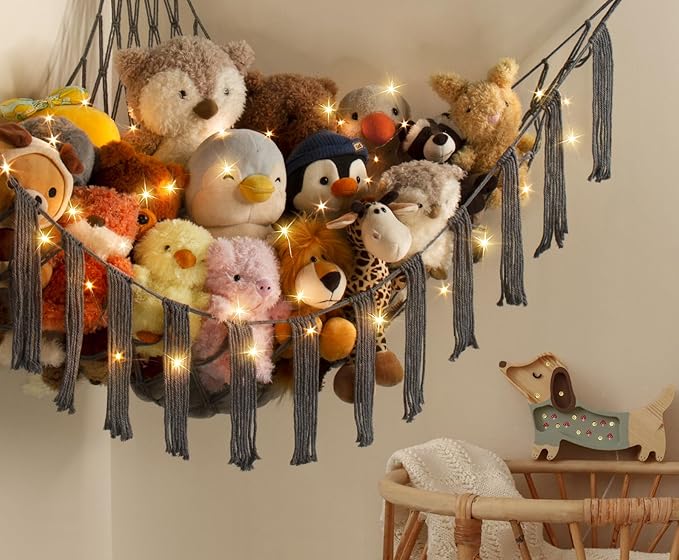 RelaxScene Stuffed Animal Hammock Corner Storage with LED Light - Pluish Hammock Large Plushie Net - Stuffed Animal Holder Hanging Organizer - Teddy Bear Hammocks Room Decorations