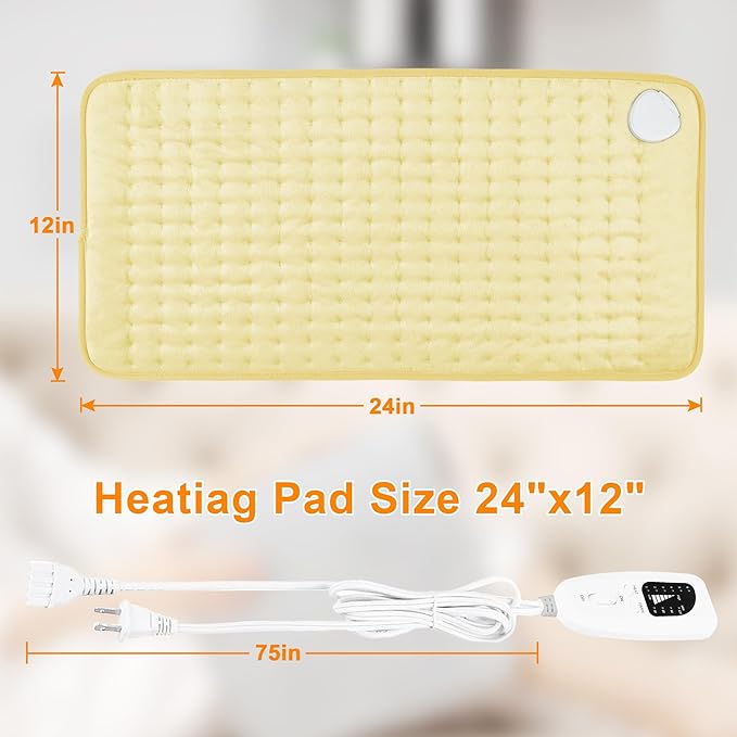 Deepsoon Heating Pad,Electric Heating Pads for Back,Neck,Abdomen,Moist Heating Pad for Shoulder,Knee,Arms,Legs,Dry/Moist Heat & Auto Shut Off,Christmas Gifts for Men and Women,Light Yellow,24x12 Inch