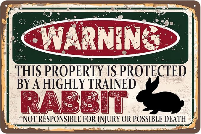 Vintage Rabbit Metal Sign Wall decor | Warning this property is protected by a highly trained Rabbit Sign Funny Tin Signs 12x8 Inch