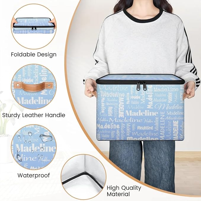 Custom Storage Basket with Name, Personalized Keepsake Box with Zipper Lid, Foldable Fabric Memory Bin Large capacity with Handle White Blue
