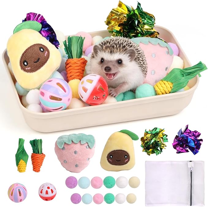Hedgehog Accessories, Dig-Box Tray for Hedgehog Cage with Ball Toy, Small Animal Accessories Funny Dig-Box Tray Toys for Hedgehogs, Ball Bell Toy for Ferret Kitten Cat Hamster (Colorful)