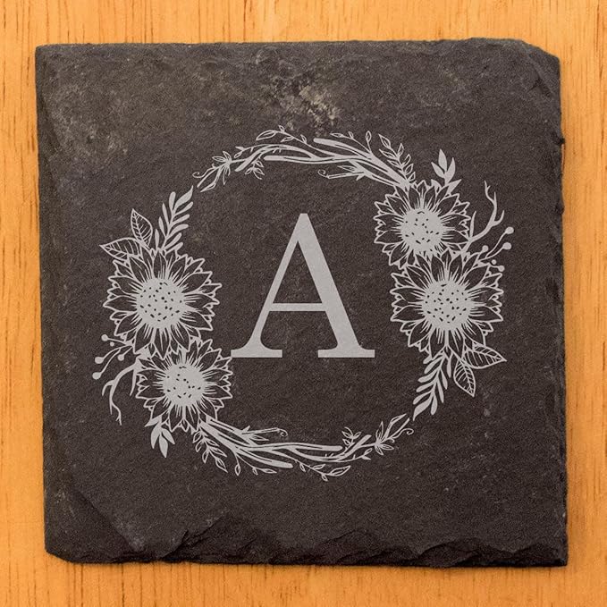 Personalized Monogram Family Coasters, Natural Stone Set, Birthday, Wedding, Customized, Rustic - Square Slate - Set of 8