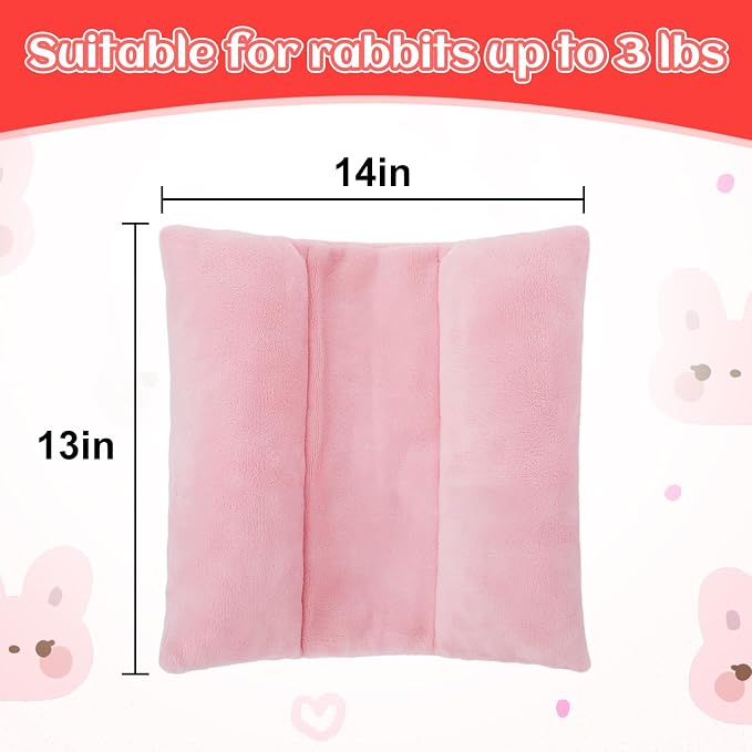 MEWTOGO 14" x 13" Bunny Bed for Rabbit Cage, Thickened & Soft | Prevent Sore Hocks Plush Mat with Cotton Lounger Pillows, Small Animal Flop Mat for Hutch Sleeping Indoor, Pink