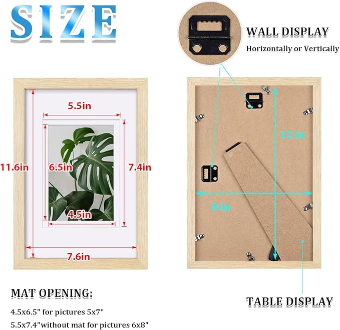 Egofine 8x12 Picture Frames Set of 4, Made of Solid Wood Covered by Plexiglass 5x7 and 6x8 with Mat or 8x12 without Mat, for Table Top Display and Wall Mounting Photo Frame Oak Wood