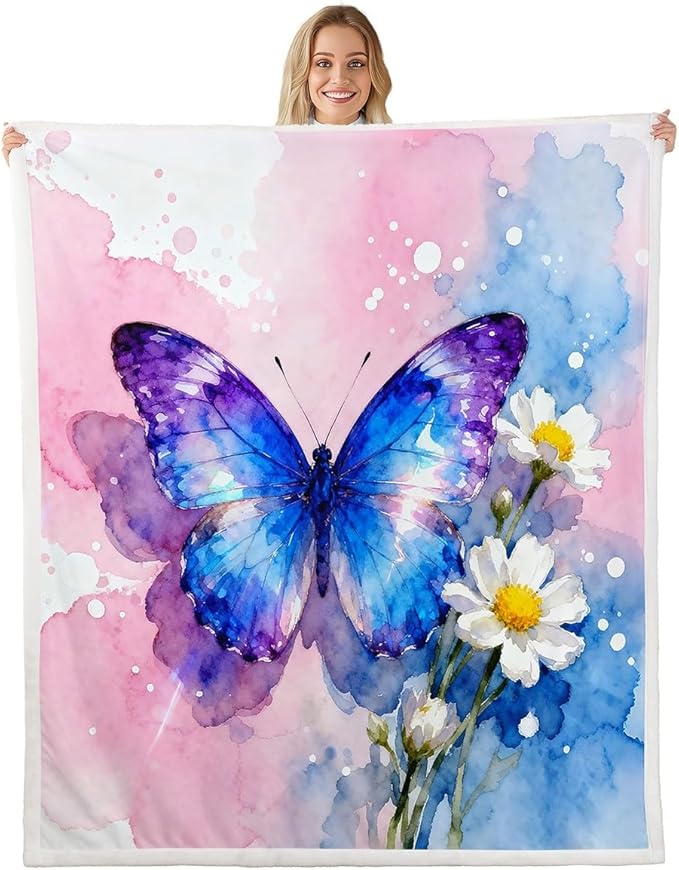 Feelyou Girls Watercolor Butterfly Fleece Throw Blanket Twin 60"x80" Kids Pink Purple Sherpa Blanket Plush Fuzzy for Bed Couch Chair Living Room, Cute Daisy Bed Blanket Room Decor
