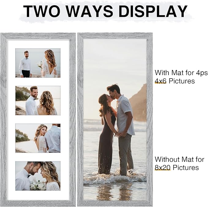 Vittanly 8x20 Collage Picture Frame, Displays 4Pcs 4x6 Pictures with Mat or 1Pcs 8x20 without Mat, Picture Frames Collage Wall Decor for Horizontal or Vertical Display, Grey, 1 Pack