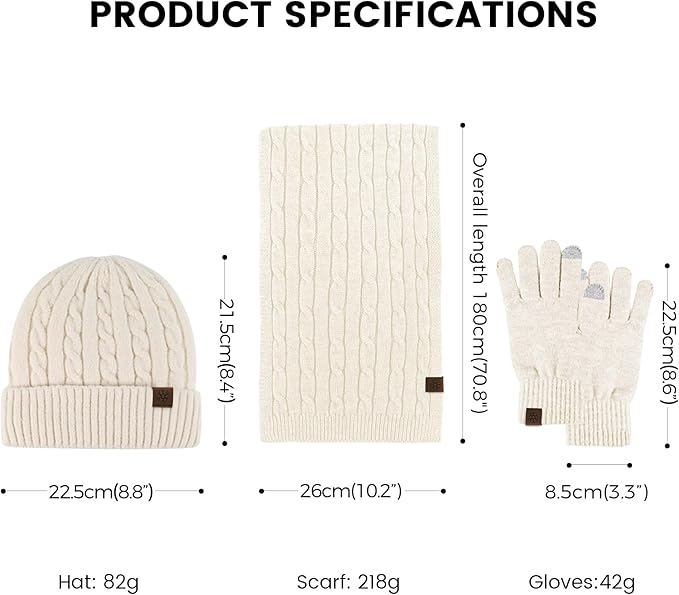 Womens Winter Beanie Hat Scarf Gloves Set, Knit Touch Screen Gloves Long Scarf Skull Caps Fleece Lined Winter Gift