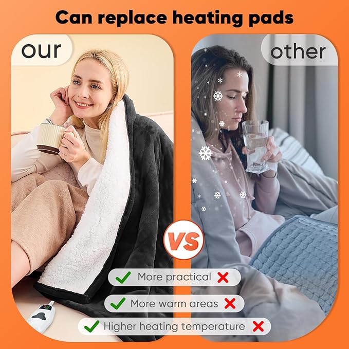 greenoak Heated Blanket Electric Throw 50"X60", Heating Blanket with 10 Heat Levels 8 Hours Auto-Off,Fleece Soft Blanket, Birthday Gifts for Grandma Seniors, Lacquered Black
