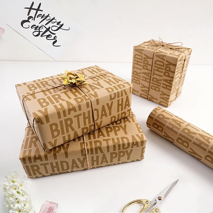 MAMUNU Birthday Wrapping Paper Roll, Brown and Gold Kraft Happy Birthday Wrapping Paper Jumbo Roll, Gift Wrap Paper Set for Men Women Boys Girls, 17Inch × 33Feet