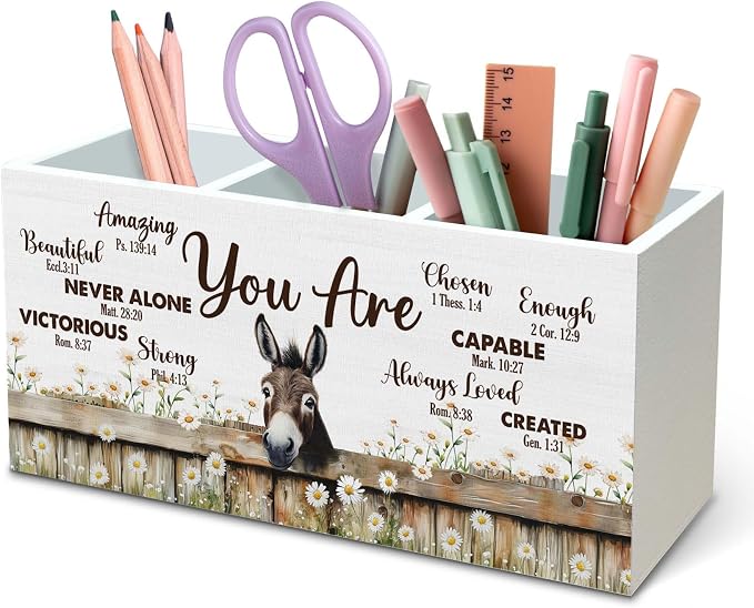 DILSJ Inspirational Donkey Pen Pencil Holder Organizer for Desk, Donkey Gifts for Women, Be Kind Be Brave Decor Wooden Box Signs for Home Office Desk Tabletop Decoration