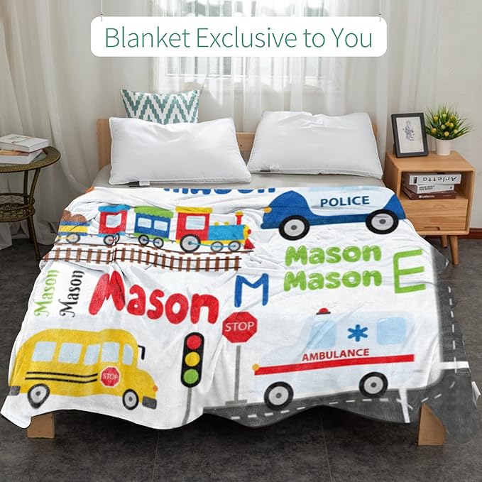 Custom Blanket with Name for Boys, Personalized Name Blanket City Transport, Soft Flannel Blankets Customized Gift for Children Day Birthday Christmas-40 x50
