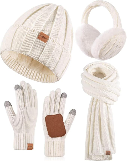 Winter Hat Gloves Scarf Earmuffs Set for Women, Fleece Lined Beanie Long Scarf Touchscreen Gloves Ear Warmer, 4 in 1 Gift Set
