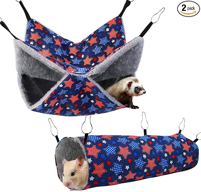 petonfun Ferret Rat Hammock Tunnel for Cage Guinea Pig Hideout Toy Bed,Blue | 2 Pack Set, Large Size, Suitable for Most Small Animal, Double Sided, Wide Chinchilla Cage Accessories to Hide,Durable & Soft