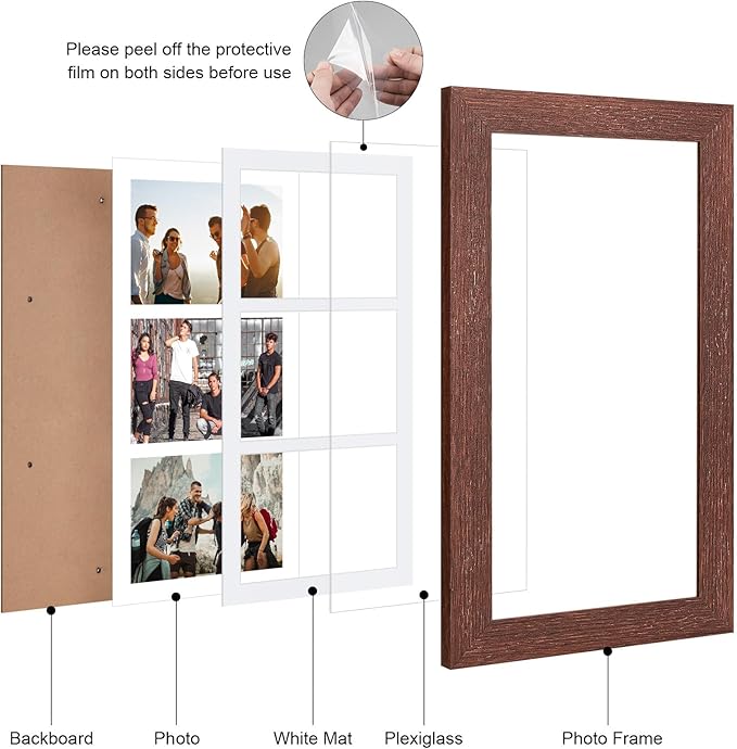 8x16 Picture Frame Display 3 opening Picture Frame 5x7 Collage,Multi Photo Frame with Mat,Plexiglass,Horizontal and Vertical Formats for Wall Decor,Walnut Wood Grain