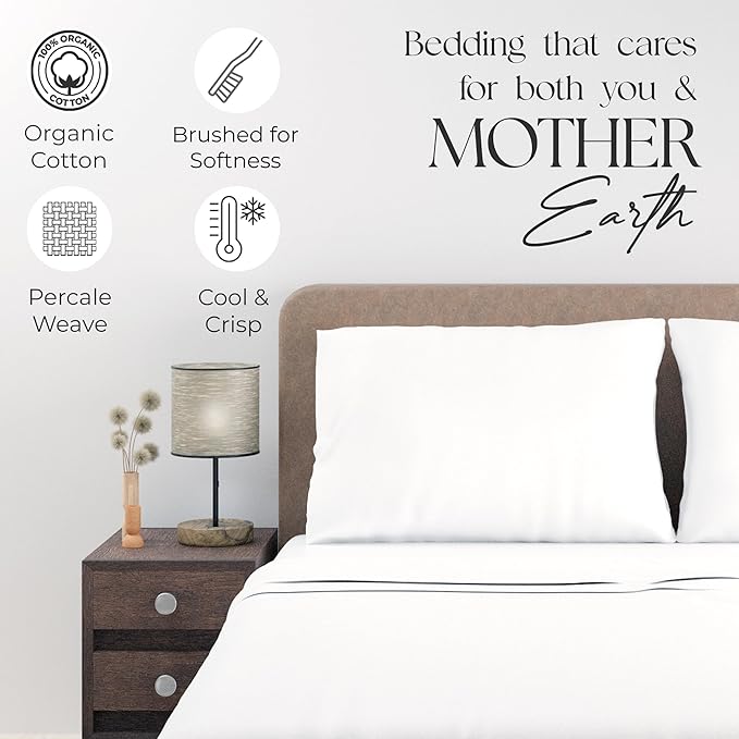 SUPREME ELEGANCE Organic 100% Cotton Queen Sheet Set, 18” Deep Pocket, Snow White | Lightweight, Eco-Friendly Cotton, Percale Softness, Durable & Breathable, Naturally Cooling | All Season Comfort