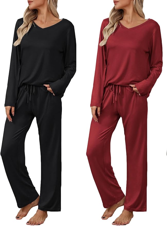 Ekouaer Womens 2 Pack Pajama Set Long Sleeve Pajamas Top and Pants V Neck Pjs Set Soft Loungewear with Pockets