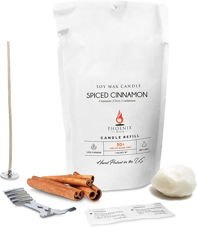 Phoenix Wick Candle Making Kit – Transform Anything Into A Candle – Candle Making Kit with Wick + 7oz Wax (Spiced Cinnamon Scent)