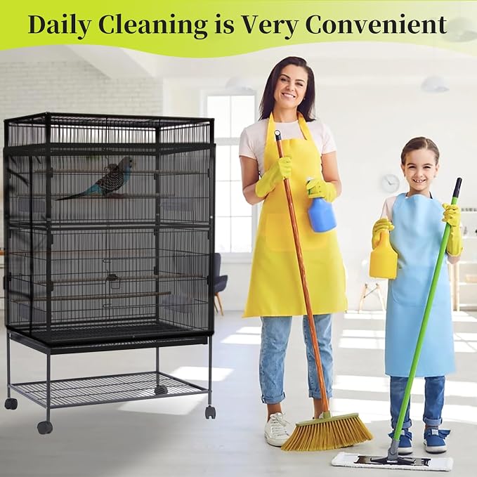 Daoeny Bird Cage Seed Catcher, Large Bird Cage Cover, Adjustable Soft Airy Nylon Mesh Net, Birdcage Cover Skirt Seed Guard for Parrot Parakeet Macaw African Round Square Cages (Black)