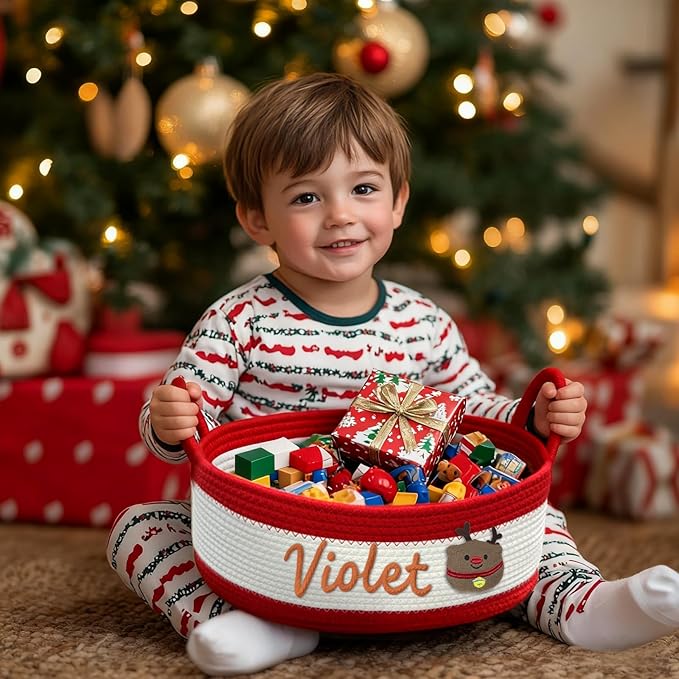 Personalized Christmas Basket with Name Custom Baby Shower Baskets for Newborn Girls Boys Customized Rope Cotton Storage Organizer Gifts