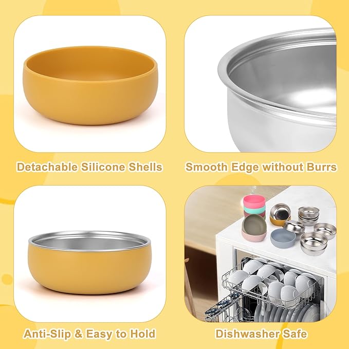 ShineMe 8 Pack Kids Bowls, Unbreakable Stainless Steel Bowls for Kids with Removable Colorful Silicone Sleeve, Versatile Baby Metal Bowl for Cereal, Yogurt, Snacks, Soup...