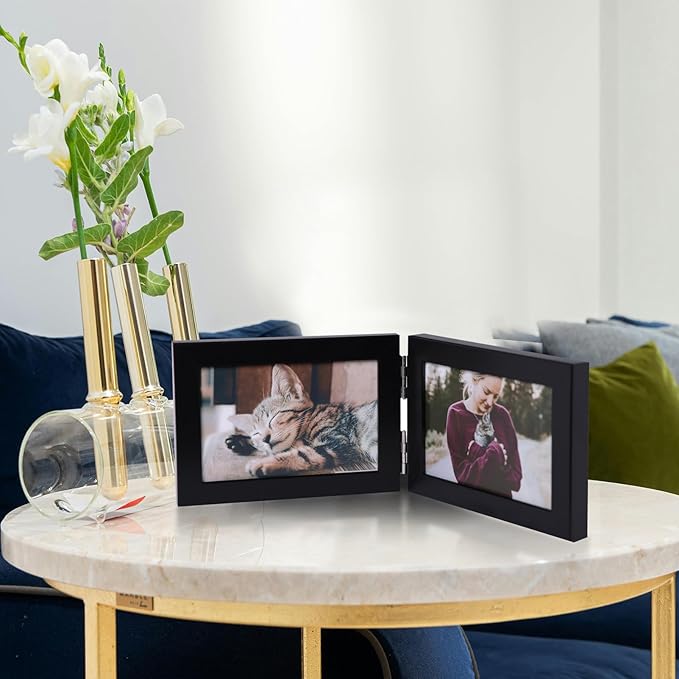 Double Horizontal 4X6 Hinged PS Family Picture Frame Collage For Desktop or Tabletop (Black 64X2)