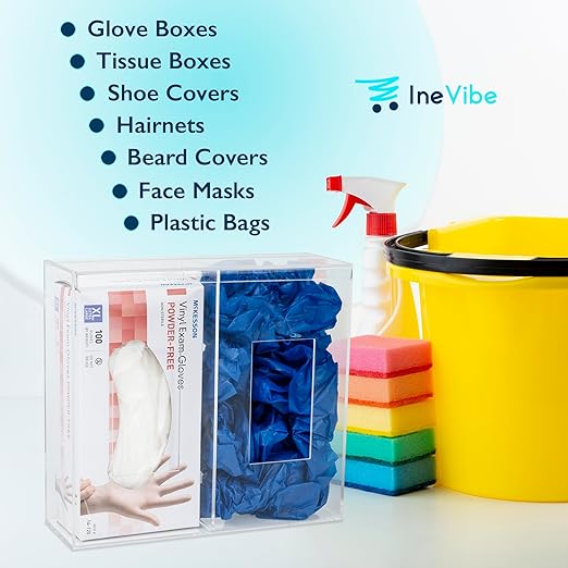 Double Hygiene Holder - 2 Compartment Acrylic Dispenser With Lid for Hairnets, Glove Boxes, Face Masks, Plastic Bags, Tissue Boxes in Home or Medical Setting - Counter or Wall Mount (Double)